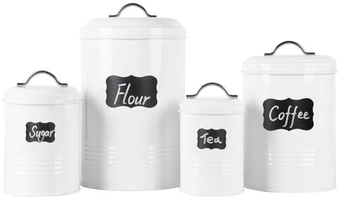 Brightalk Nesting Canisters Sets for the Kitchen, Set of 4 Airtight White Farmhouse Canister Jars with Removable Chalkboard Labels and Marker, for Flour Sugar Coffee Tea Storage