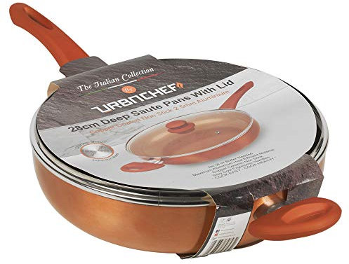 URBN-CHEF 28cm Deep Saute Pan Lidded Non Stick Ceramic Coated Induction Pot Cooking Frying (Copper)