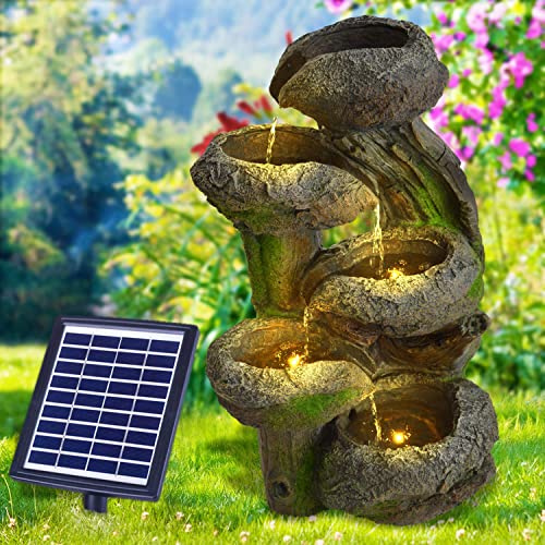 Solar Gartenbrunnen Brunnen Solarbrunnen Zierbrunnen Wasserfall Gartenleuchte Teichpumpe für Terrasse, Balkon, mit Pumpen, mit Liion-Akku & Led-Licht (BAUMSTUMPF & STEINSCHALEN)