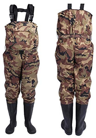 QTDZ wasserdichte Wathose Anglerhose Watstiefel Fisch Teich Gummi PVC Nylon Watthosen mit Stiefeln, Licht und Komfortabel Jagd Anzüge Wandern Schuhe für Männer Frauen Outdoor,Tarnung,47 EU