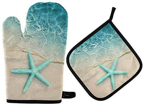 Ocean Beach Seestern Ofenhandschuhe und Topflappen Sets Meer Wasser Welle Hot Pads Hitzebeständige Kochhandschuhe Handhabung Küche Kochgeschirr Backgeschirr BBQ