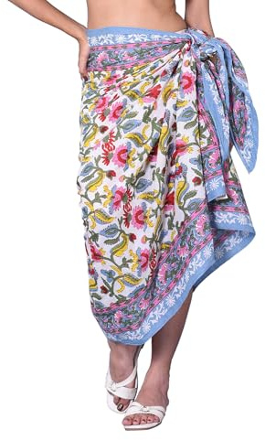 FIKIMOS Bomull hand block tryck sarong dam baddräkt omlott täcka upp lång (73 x 44) flerfärgad en storlek röd-6 sarong, Flerfärgad, one size