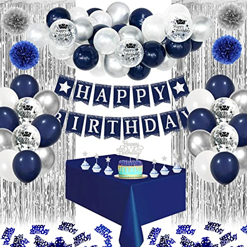 Decoración de cumpleaños para hombre, pancarta de feliz cumpleaños, globos de confeti, azul marino, plata y blanco, globos de látex, decoración para tartas, pompones para niñas, jóvenes, mujeres