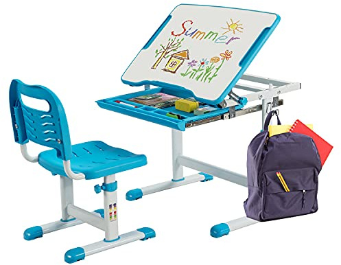 COSTWAY Set Scrivania e Sedia per Bambini, Set Tavolo con Altezza Regolabile per Bambini, Tavolo per Studiare con Superficie Inclinabile (Blu)