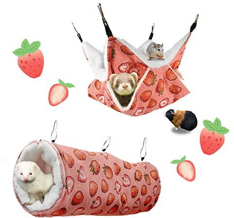 LYART Guinea Pig Rat Ferret Hammock and Warm Bed Small Pet Hideout Tunnel Cave Hanging Bunkbed Hammock Cage Toy for Hamster Sugar Glider Squirrel (3.Hammock & Tunnel)