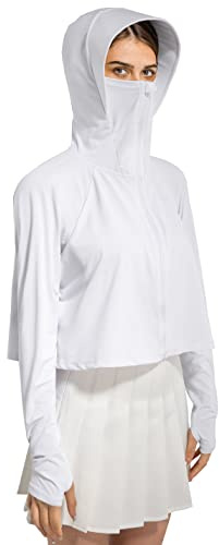 Locachy Womens UPF 50+ Sun Protection Jacket Lightweight Zip up Outdoor Running Hiking Hoodie with Face Mask White M