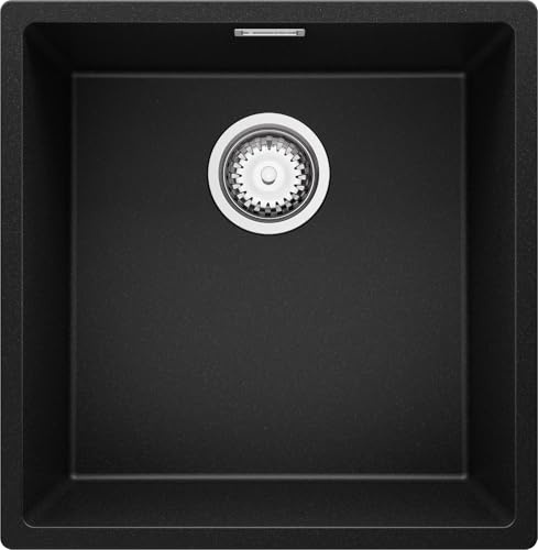PRIMAGRAN Evier Cuisine en Granit au Meuble 50cm + Kit de Vidage, 46x47cm | Set: Kit de Vidage (Siphon, bonde d’évacuation, trop-plein) + Lavabo 1 Bac - London, Noir