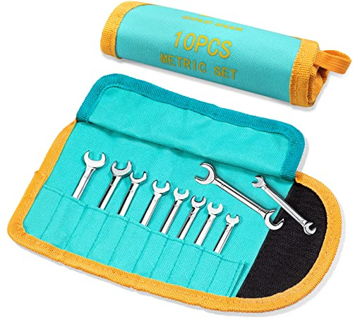 GOLD DEER 10 Pcs Mini Double Open End Wrench Set - Standard Metric 4-11mm Extra Slim Angle Wrench Set with Storage Roll Pouch