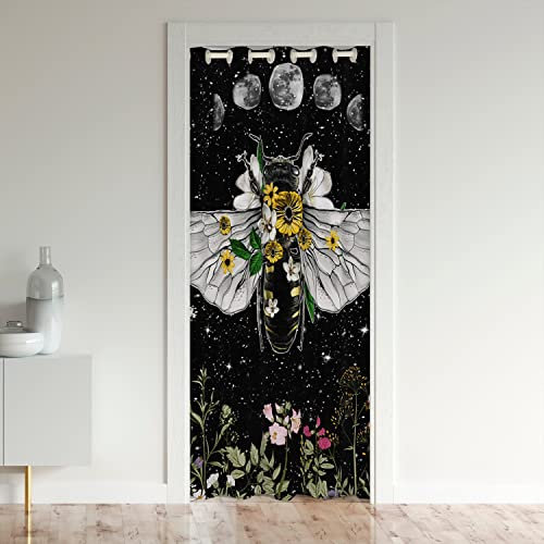 Tenda per porta con sole e luna, per la privacy, 86 x 203 cm, tenda oscurante per camera da letto con teschio, girasoli, fiori botanici, nero, giallo, 30%-50%