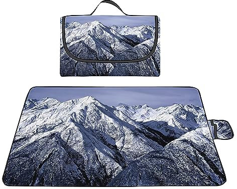 Picknickdecke 200x200cm,XXL Picknickdecke mit Wasserdichter Unterseite,Outdoor Stranddecke Sandfrei,mit Tragegriff Faltbare Picnic Blanket für Camping,Strand,Familie,Konzerte Verschneite Bergkulisse