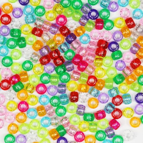 VOOMOLOVE 1 000 st (glitterpärlor) ponnypärlor, armbandspärlor, pärlor för hårflätor, pärlor för hantverk, plastpärlor, hårpärlor för flätor 6 x 9 mm (glitterpärlor)