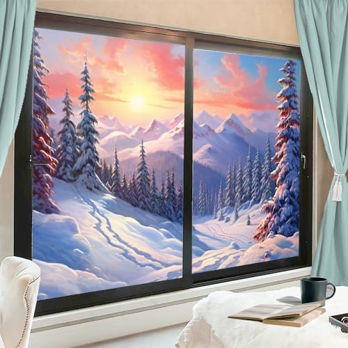 Schöne Schnee-Berge, Sichtschutz, Fensterfolie, Winterlandschaft, Sonnenaufgang, Buntglas-Fensterabdeckungen, kein Kleber, statische Haftung, Fensterfolie für Zuhause, Büro, Geschäfte, 45 x 60 cm, 2
