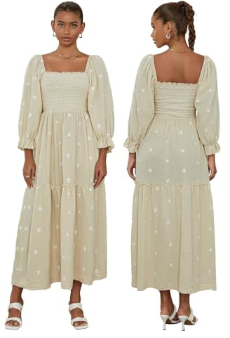 Yassiglia Women's Floral Dress, Long Sleeve Square Neck Embroidery Flower Flowy Dress Shirred Maxi Dress Indian Dresses for Women