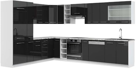 Vicco Eckküche Fame-Line, Anthrazit Hochglanz/Weiß, 347 x 257 cm | 16 Module · Höhenverstellbare Füße · AP Marmor inkl. · MDF-Fronten · Softclose · Metallgriffe