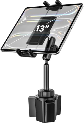 Dosvsi Car Tablet Mount Cup Holder, [Metal Triple Ball Arm] Cup Holder Tablet Mount for Truck, Vehicle Cup Stand Compatible with iPad Pro 13(M4) 12.9 Mini Air, ELD, Galaxy Tab, iPhone, 4-13 Devices