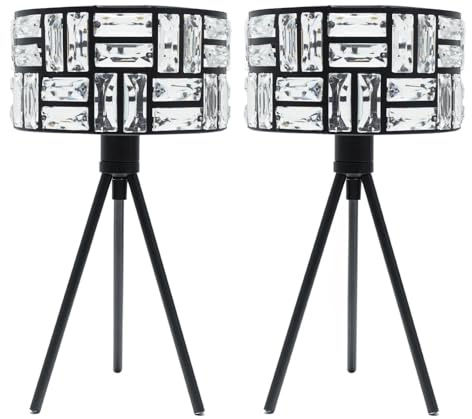 ValueLights | Pair of - Black Tripod Table Lamp with Clear Acrylic Jewel Drum Lampshade Living Room Bedside Light - LED Bulbs Included | Table Lamps & Home Improvements Essential