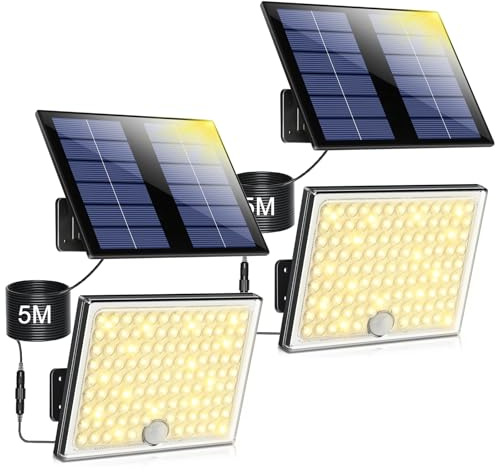Solarlampen für Außen, Solarleuchte mit Bewegungsmelder,3000K Solar Strahler IP65 Wasserdichte Solar-Split Wandleuchte mit 5m Kabel für Garage, Garten, Hof, Stufen, Haustüren, Rasen-2 Stück Warmweiß