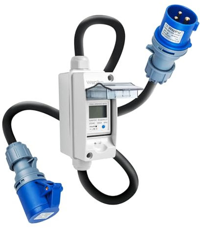 WSPIHO 230VAC 16A Mobiler Digitaler Stromzähler für Steckdose,Zwischenzähler Strom mit IP65 Stromzählergehäuse,CEE 3 Pin 16A Stecker auf CEE 16A Kupplung