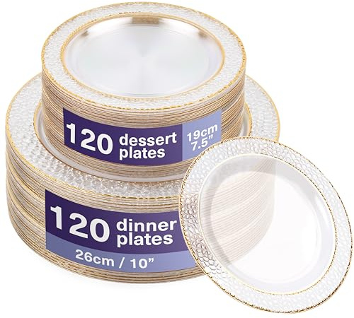 MATANA 240 Premium Hard Plastic Plates with Hammered Gold Rim - 120 x 26cm, 120 x 19cm - Reusable Gold Party Plates for Weddings, Birthdays, Christmas, Parties