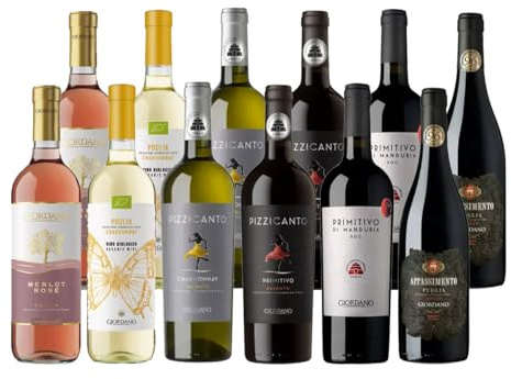 Giordano - SELEZIONE PUGLIA - Confezione di Vini dal gusto Secco, originari della Puglia. 6 tipologie di Vino tra Bianco, Rosato, Rosso e Appassito - 12 Bottiglie da 75 cl