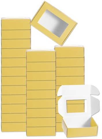 QUARKZMAN 32 Stück Seifenverpackungsschachteln 2,4x3,3x1,2 Zoll Kraftseifenschachtel mit Fenster geschenkschachtel für Bäckerei Süßigkeitenverpackung Schmuckdisplay (Rechteck, Goldton)