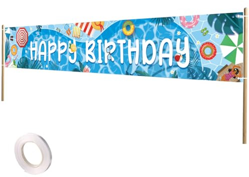 Happy Birthday Pool Party Banner, 118x20in Summer Beach Birthday Pool Decorations with Rope Large Size Party Backdrop Banner Supplies for Photography Props