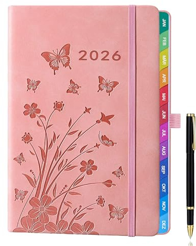 Kalender 2026 A5 – Wochenkalender, Terminkalender, Wochentimer & Wochenplaner (Jan – Dez 2026), mit Monatsübersicht, Notizseiten, Kontaktseiten und Stift, Hardcover Buchkalender – Rosa