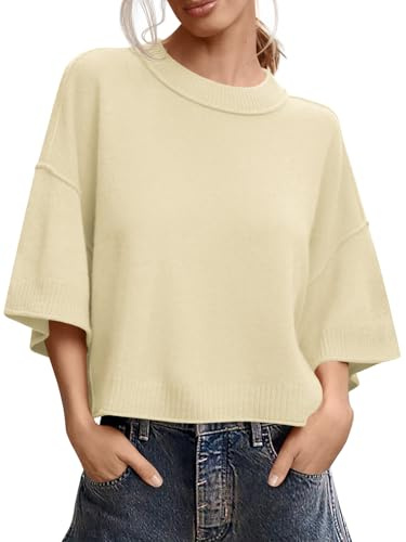 Saodimallsu Womens Short Sleeve Sweater Summer Oversized Cropped Sweaters Casual Crewneck Lightweight Knit Tops Beige