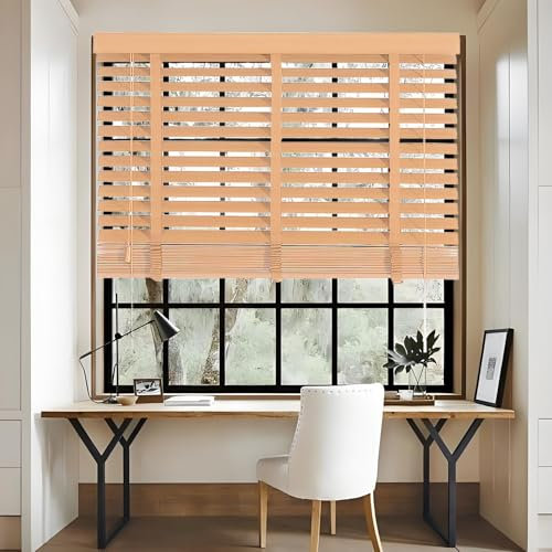 Individuelle schnurlose Holzrollos – 5,1 cm verdunkelnde venezianische Farbtöne für Fenster, wasserdicht und leicht zu reinigen, horizontale Jalousien für Schlafzimmer, Büro, Küche (helle Holzfarbe)