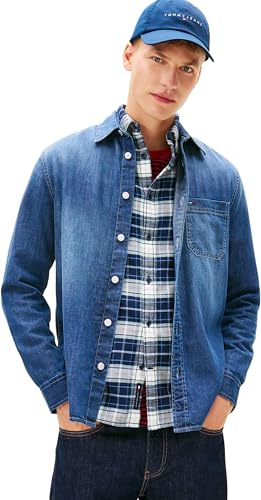 Tommy Jeans Uomo Camicia in Jeans Denim Regular Fit con Taschino sul Petto, Blu (Denim Dark), L