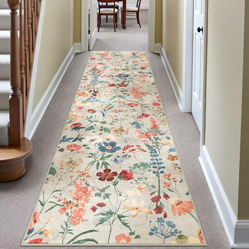 HUGEAR Beige tvättbar löpare matta hall 80 x 300 cm blommönster sängmatta blommor boho modernt kök vardagsrum sovrum mattor halkfri kort lugg mjuk halllöpare löpare