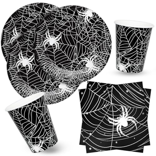 BFB Halloween Pappteller Set 52 Stück Spinnennetz Schwarz Dessertteller Servietten Pappbecher Set Tischdekoration