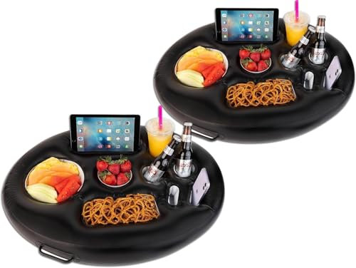 2 Pack Inflatable Floating Drink Holder for Swimming Pool, Hot Tub for Adults - Buffet Serving Bar, Beverage, Fruit, Salad, Tablet, Cell Phone