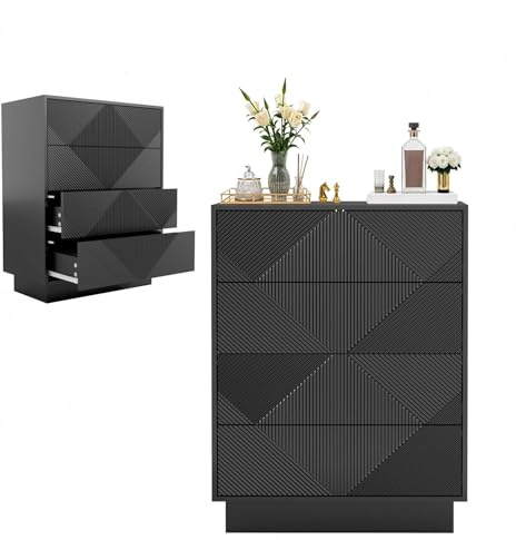 UEV Kommode mit 4 Schubladen, Kommodenschrank Sideboard schmal (Schwarz) | Sideboard Schubladenschrank Push to Open, Mehrzweckschrank für Wohnzimmer Schlafzimmer Flur Büro 60x33,5x77,5cm