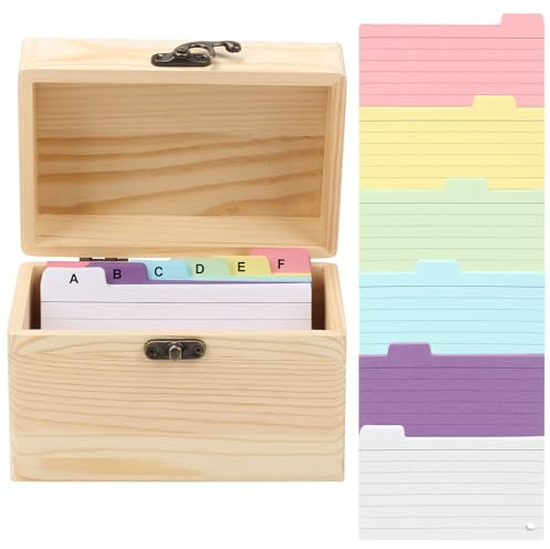 Les-Theresa Index Card Box Wooden, Index Card Holder Wood Flash Card Holder, Wood Recipe Box with 150-Count Note Cards Revision Flash Cards Storage Box for Home Office Business School (6x3.9x4in)