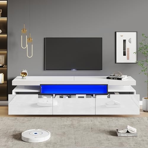 LINKHOO Élégant Meuble TV Brillant, avec éclairage LED 16 Couleurs, Comprend 3 tiroirs, Moderne pour Téléviseurs 70 Pouces, 160 x 39 x 42 cm, Charge de 50kg, Blanc