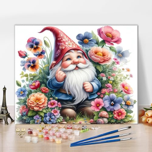 TISHIRON Gnome Paint by Number Garden Gnome with Flowers Paint by Numbers Kit for Adults, Digital Painting with Brushes and Pigment for Home Wall Decoration, 16x20 Inch