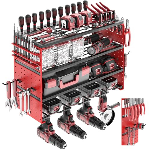 ODSNANIE Werkzeug Wandhalterung,4 Ebenen 4 Steckplätze Wandregal,Rot | Tragkraft 90kg,Robustes Metall,rostgeschützt,Verstellbare Haken,41CM Heavy duty Elektrisch Wandmontage für Garage, Werkstatt