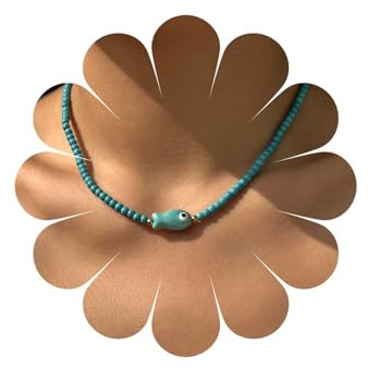 Cybche Boho Blau Türkis Perlenketten Choker Keramik Fisch Anhänger Halskette Süße Keramik Fisch Halskette Kette Kleine Runde Kugel Perlen Halsketten Sommer Strand Schmuck Für Frauen