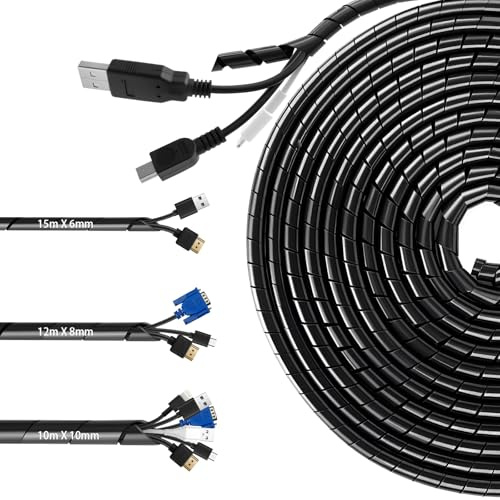 Gaine Spirali per Cavi Nera, 3 pezzi Spirale Avvolgicavo, 6mm(15m), 8mm(12m),10mm(10m), Guaina per Cavi Universale, Per cavi TV, computer e auto, adatto per casa e ufficio