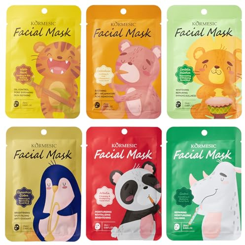 6 Piezas Mascarillas Faciales Animales con Tema de animales de dibujos animados, Mascarilla Facial Hidratante, Regalo para Chicas y Mujeres, Mascarilla de Tela Suave para el Cuidado Diario de la Piel