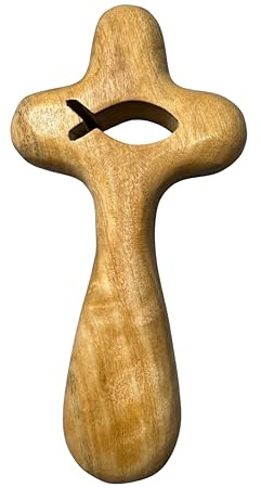 FROM THE HOLY LAND Handmade Olive Wood Cross Handheld Wooden Cross with Heart, Fish or Holy Spirit (Dove) Design – Includes Authenticity Certificate (Fish)