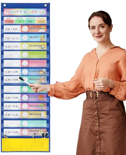 Organizer giornaliero – 15 + 1 tasca per aula | Set di pennarelli riutilizzabili cancellabili a secco, lavagna visiva per scuola, scuola materna, casa, gestione delle attività, lezione, tabella oraria