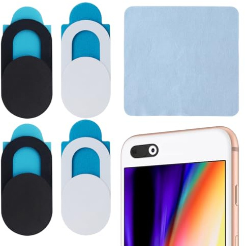 AEUXZA 8-Pack Cubiertas de Cámara (4 Negras + 4 Blancas) + 1 Paño de Limpieza Celeste, Tapa de Webcam Ultrafina, Protección de Privacidad para Portátil, Móvil, PC, Tablet