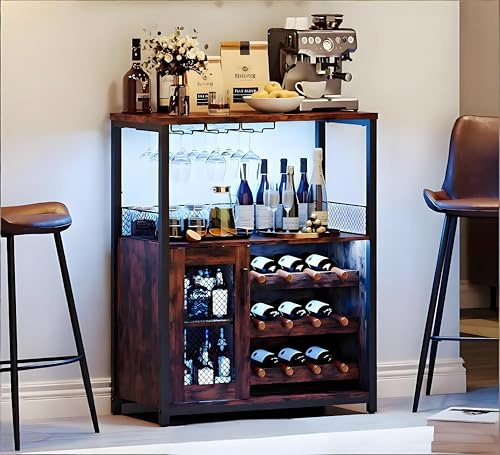 JOLLYTOP Weinbar Schrank 36 – Kompakter Bar Schrank Mit Verstellbaren Ablagen, Glashalter & Metallgittertür – Liquorschrank & Kaffeebar Möbel Für Küche & Esszimmer，Retro-Farbe +Lampe