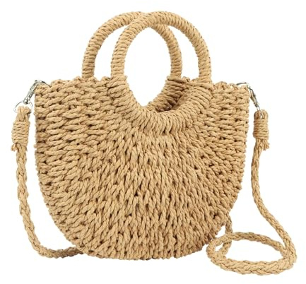Womens Straw Beach Bag, Summer Straw Tote Bag for Women, Handwoven Rattan Handbag with Detachable Strap, Boho Style Top Handle Bag Clutch Purse for Vacation Travel Shopping