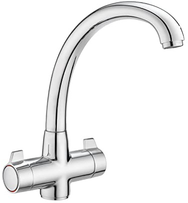 JASSFERRY Chrome Monobloc Mixer Tap for Kitchen Sink Swivel Spout Twin Dial Lever Handles Ceramic Valve Cartridge