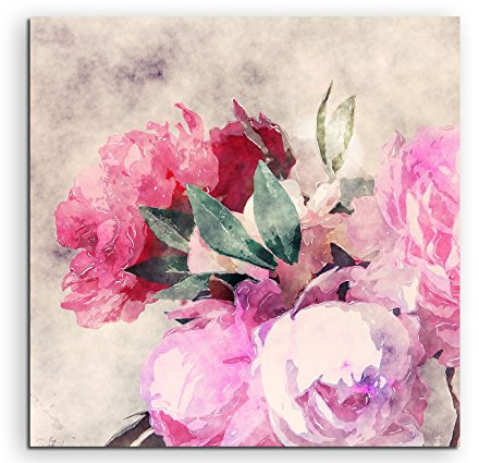 Leinwandbild 90x90cm Bild – Rosen und Pfingstrosen in Wasserfarben Optik