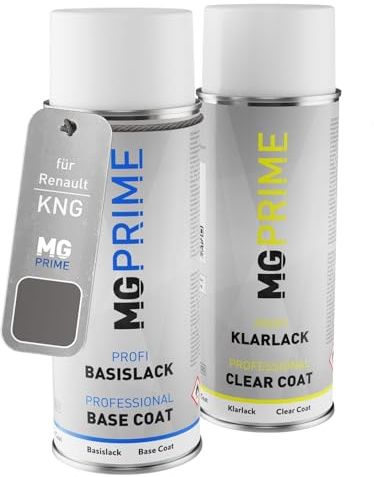 MG PRIME Autolack Spraydose für Renault KNG Gris Cassiopee Nacre Metal. +1K | Stahl-Grau Metallic / Gris Cassiopee Nacre Metallic, Set aus Basislack + Klarlack, Sprühdosen 400ml
