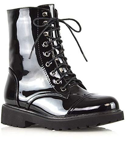 ESSEX GLAM Botines con cordones para mujer, suela de agarre grueso, para invierno, retro, combate, gótico, militar, militar, talla 3-8, negro (black patent), 40 EU